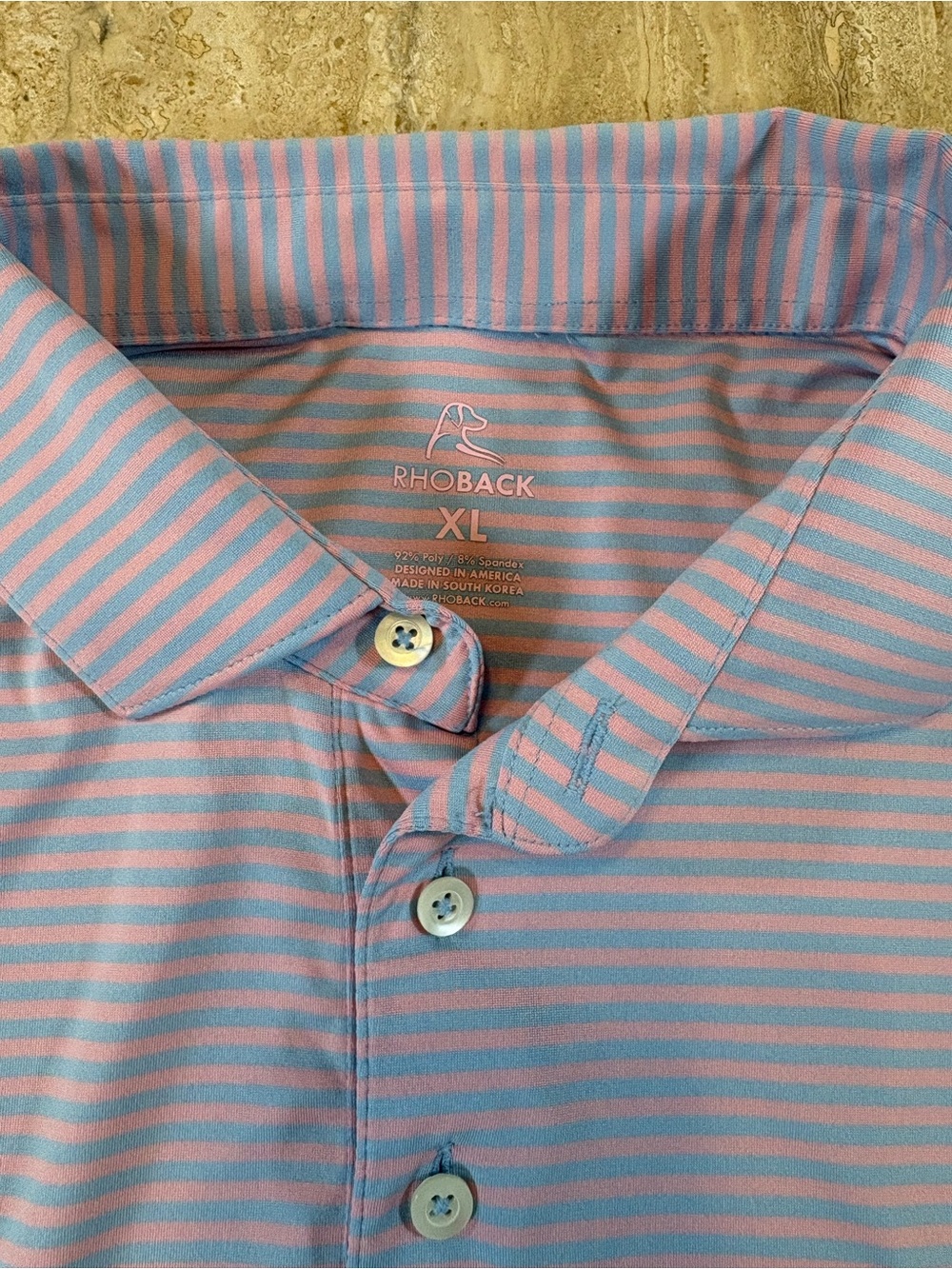 Rhoback Mens XL Striped Performance Golf Polo Shirt Pink Blue Short Sleeve
